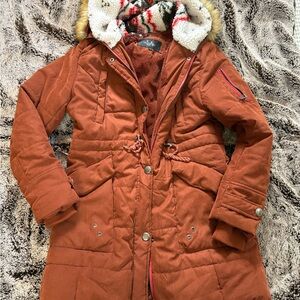 Women's Cozy Rust winter coat with Faux Fur Trim